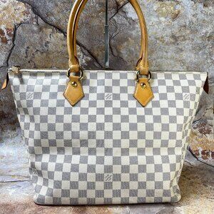 Louis Vuitton Saleya MM Tote Damier Azur Satchel Handbag Leather Purse Zip White